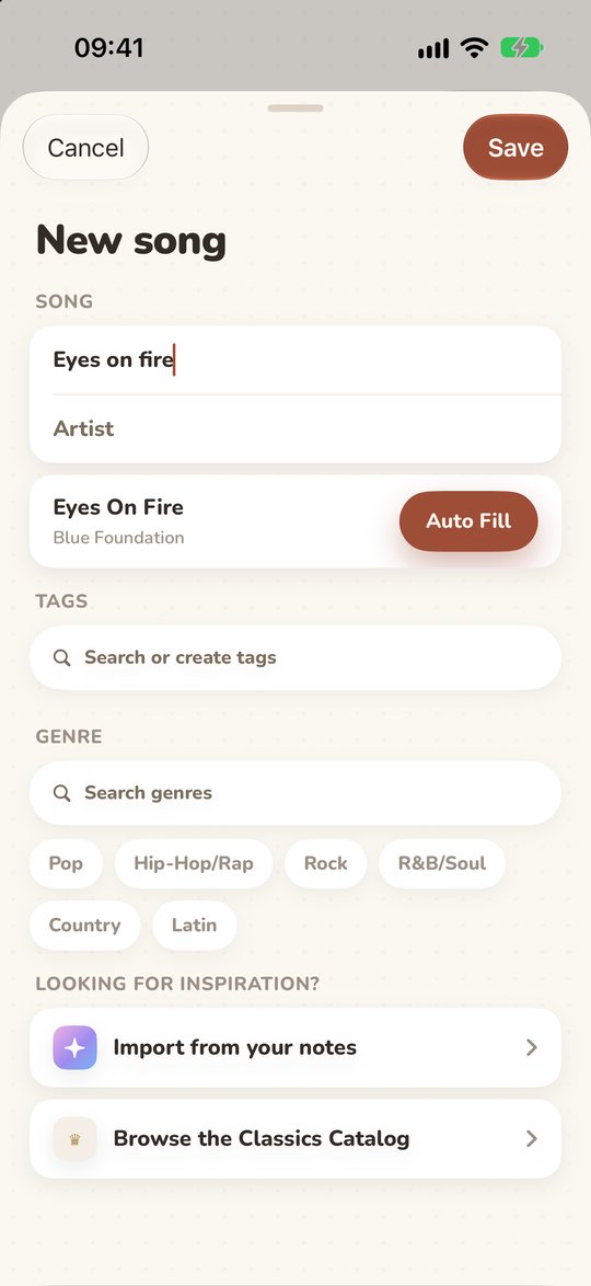 The New song sheet with “Eyes on” typed into the title field and a suggestion card reading “Eyes On Fire — Blue Foundation” beside an Auto Fill button