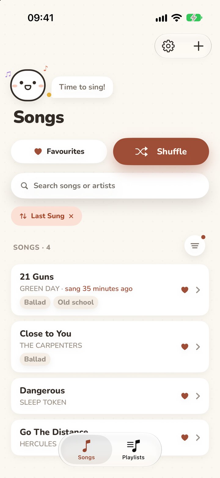 The Songs screen sorted by Last Sung: favourited songs marked with hearts, with how long ago each was sung shown under the most recent one