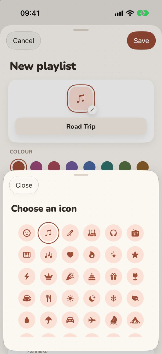 The New playlist sheet with the “Choose an icon” picker open on a grid of icons and emoji