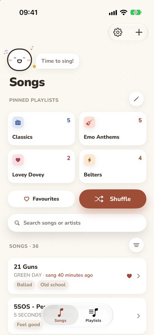 The Songs screen with four pinned playlist tiles — Classics, Emo Anthems, Lovey Dovey and Belters — above the song list