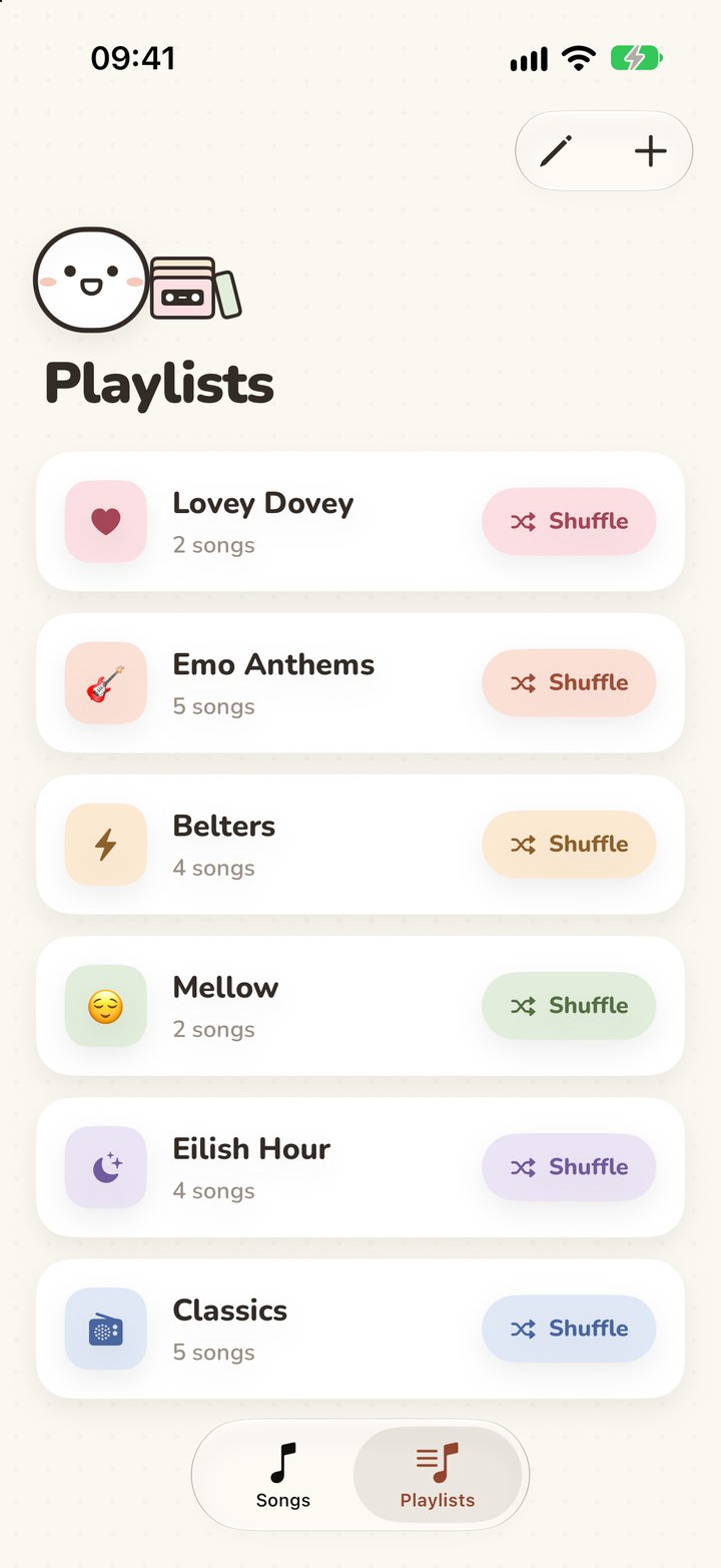 The Playlists screen with six playlists — Lovey Dovey, Emo Anthems, Belters, Mellow, Eilish Hour and Classics — each with its own icon, colour and Shuffle button
