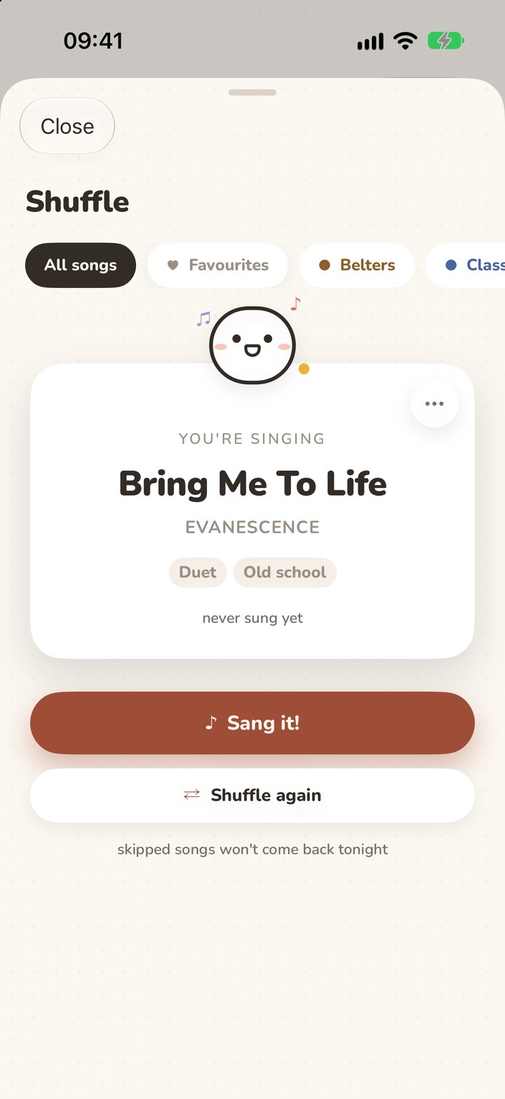 The Shuffle sheet suggesting a song to sing, with a big “Sang it!” button and a “Shuffle again” option