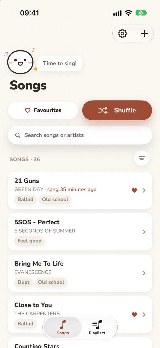 The Songs screen, showing tag chips like “Feel good”, “Ballad”, “Duet” and “Old school” under the song titles