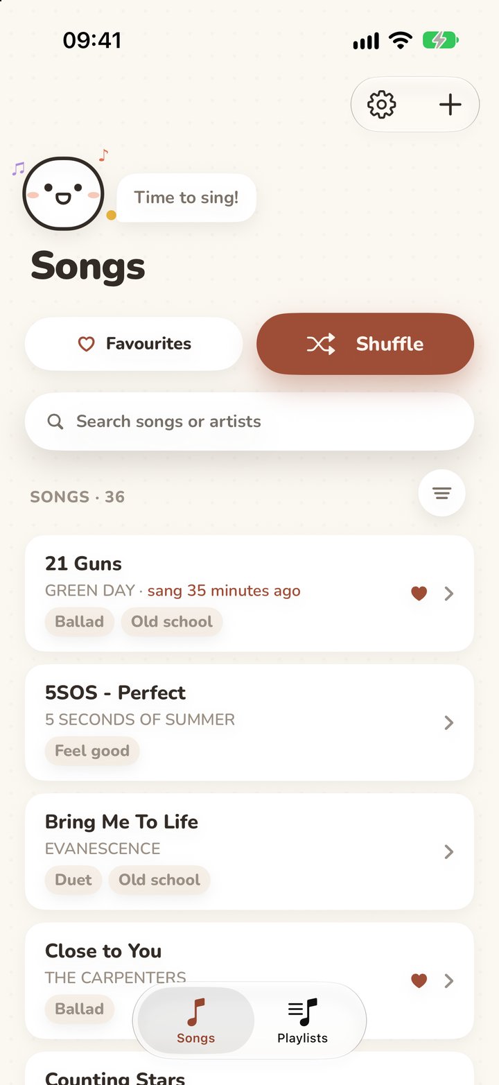 Kyrie's Songs screen on iPhone: a warm paper-toned song list with artist names, a search field, Favourites and Shuffle buttons, and a smiling mascot